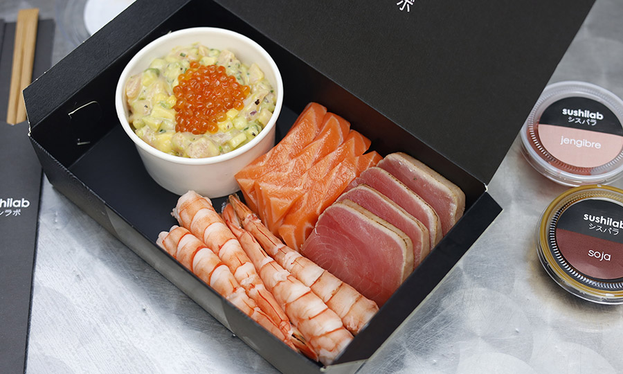 Sashimi de salmn, camarn, tataki de atn  y tartar de salmn  - Sushilab Delivery