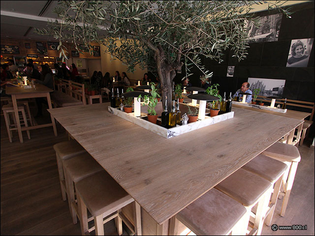 Notable mesa - barra con un olivo central - Vapiano (Mall Parque Arauco)