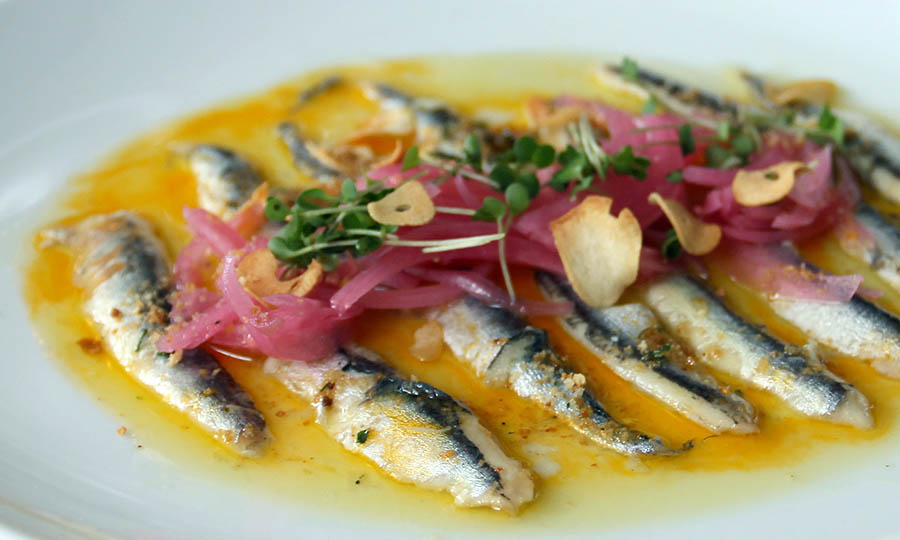 Boquerones en conserva con cebollas encurtidas, chips de ajo y pangrattato - Chiuso