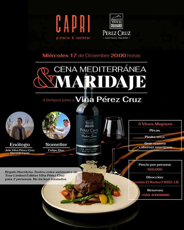 Cena mediterrnea & maridaje junto a Via Prez Cruz en CAPRI